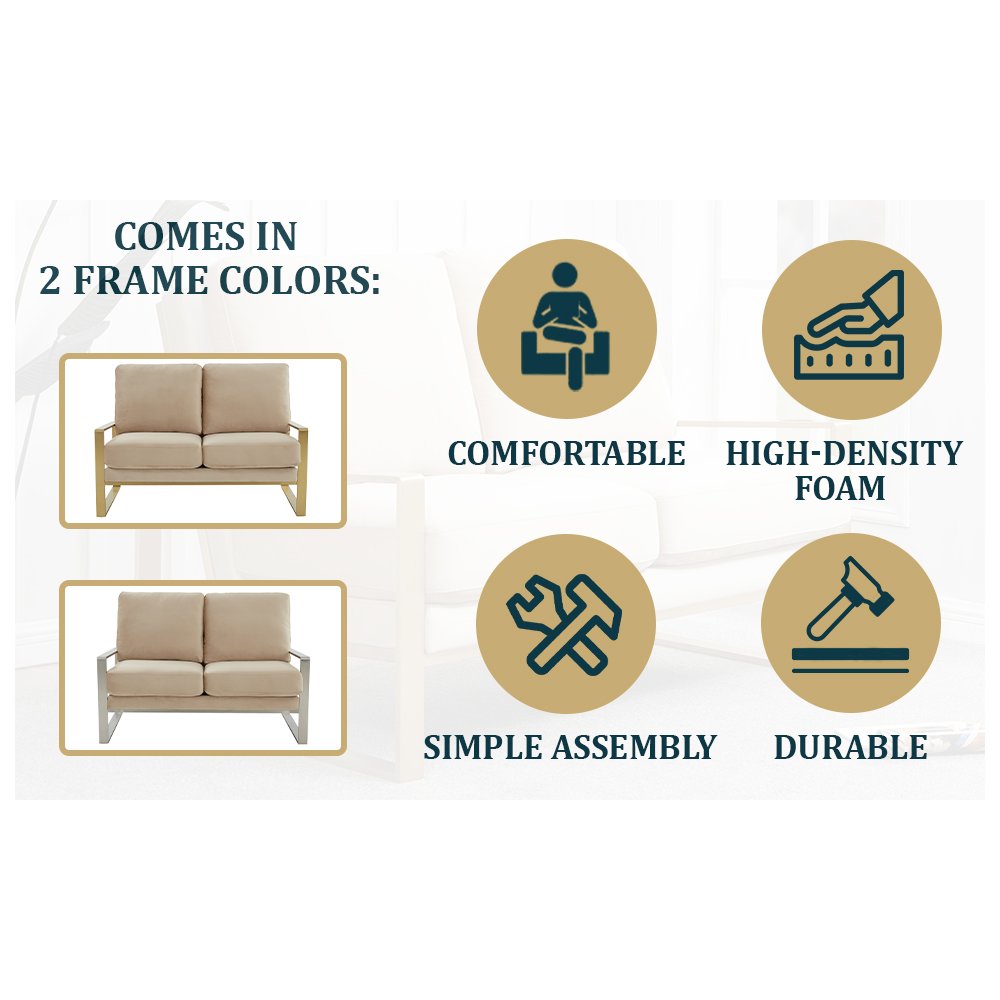 Jefferson Contemporary Modern Velvet Loveseat With Gold Frame. Picture 11