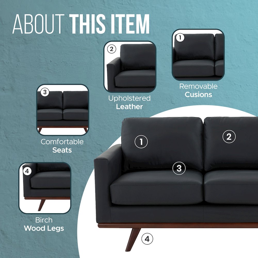 Chester Modern Leather Loveseat With Birch Wood Base. Picture 6