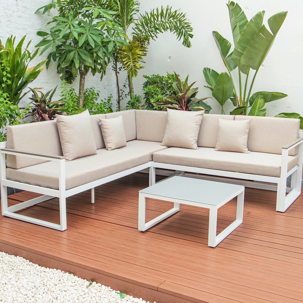 Chelsea White Sectional With Adjustable Headrest & Coffee Table With Cushions. Picture 2