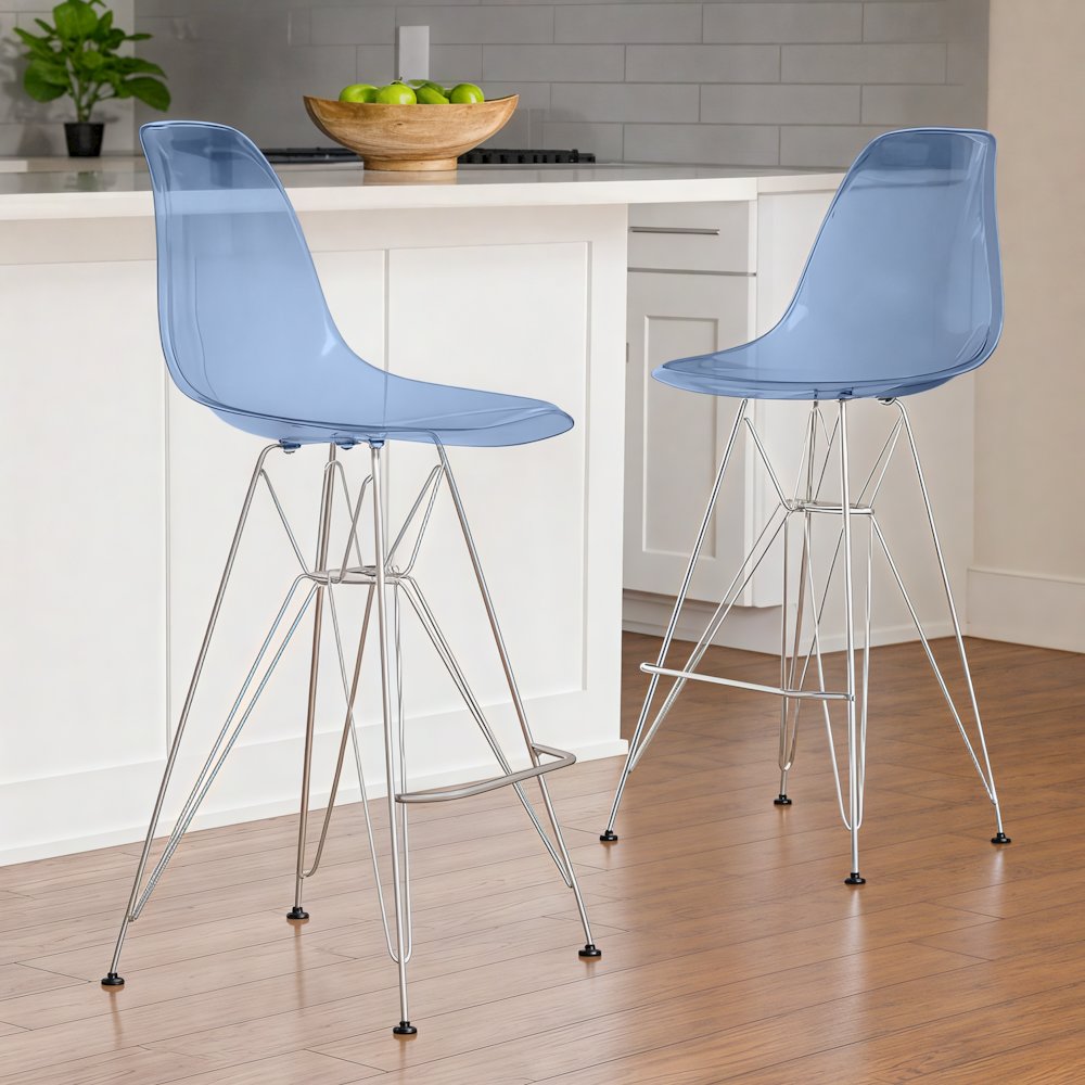 Cresco Modern Acrylic Barstool with Chrome Base and Footrest in Transparent Blue. Picture 10