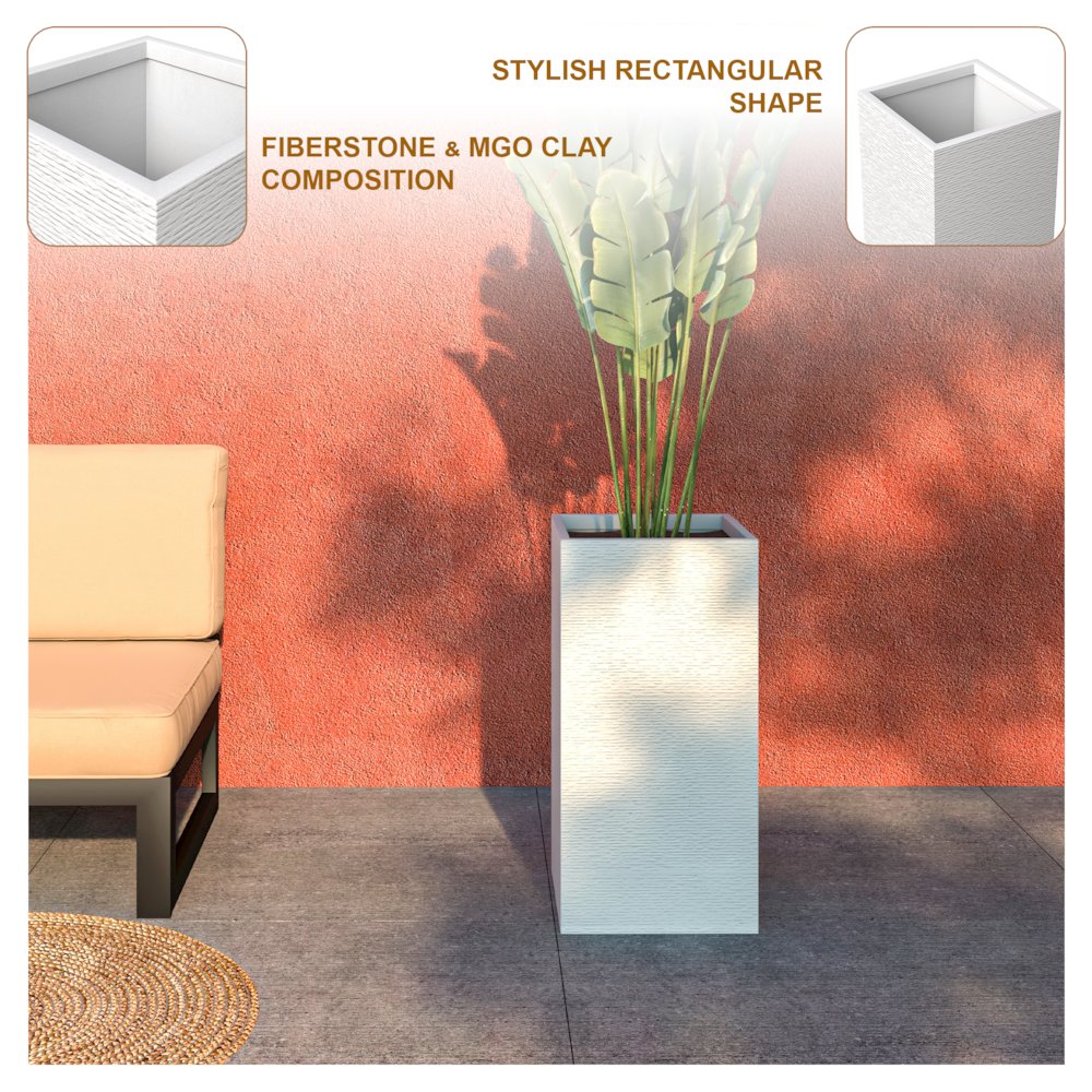 Basalt Series Poly Stone Planter 13.8" Square 27.6" High in White. Picture 13