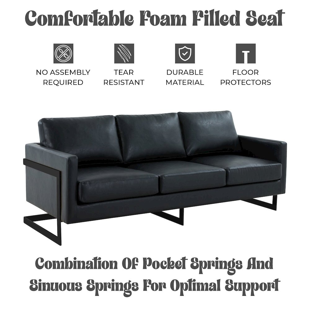 Lincoln Black Leather Sofa With Black Frame. Picture 3