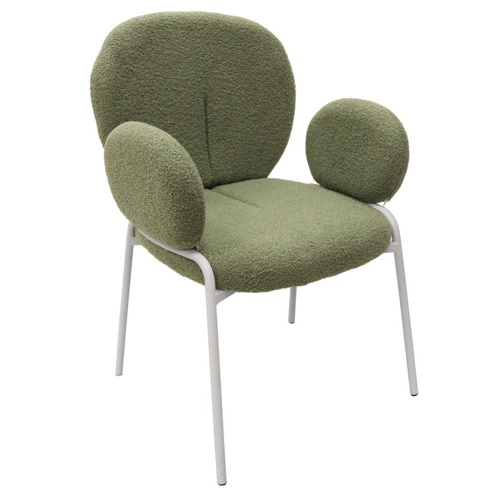 Celestial Series Boucle Dining Arm Chair, White Frame with Green Fabric. Picture 6