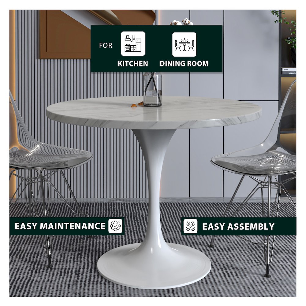 Verve Collection 36 Round Dining Table, White Base with Sintered Stone White Top. Picture 3