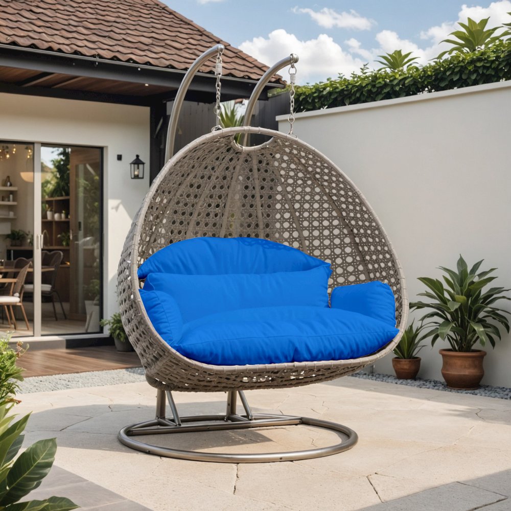 Beige Wicker Hanging 2 person Egg Swing Chair. Picture 1