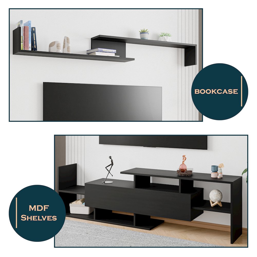 Surrey Modern TV Stand with MDF Shelves and Bookcase in Ebony. Picture 1