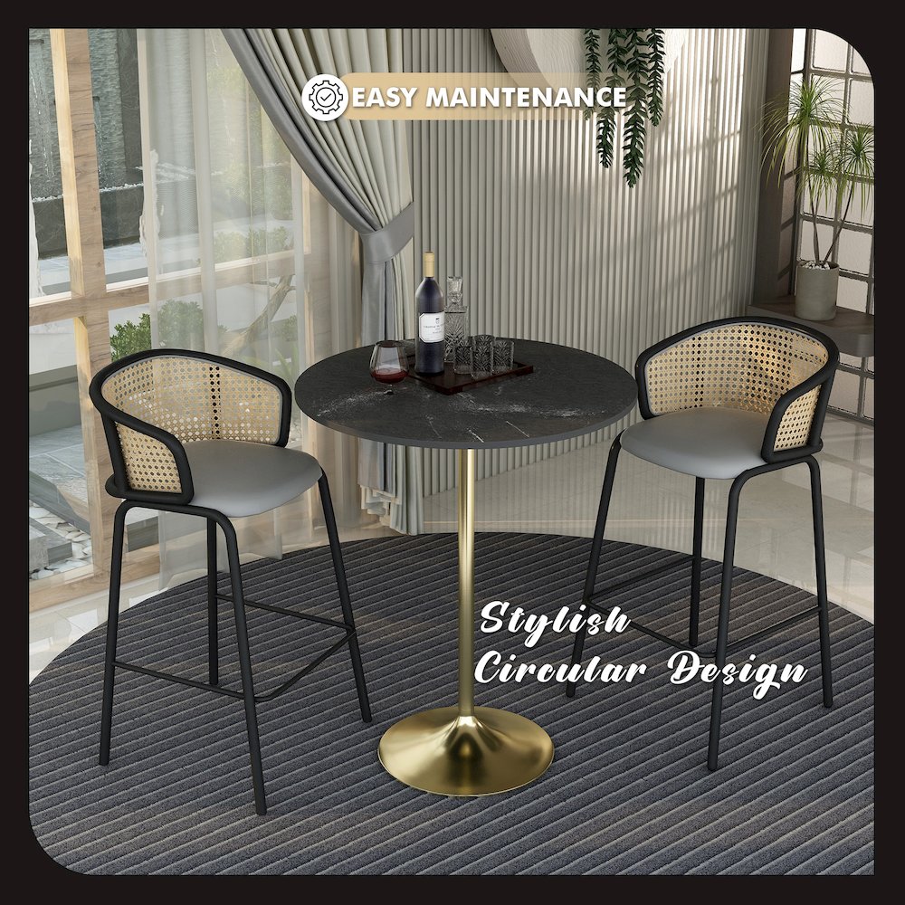 Bar Height Table Brushed Gold Base with 36" Round Black Marbelized MDF Top. Picture 6