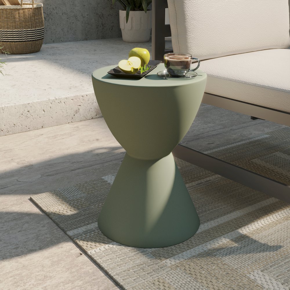 Loft Collection Fiberglass Outdoor Side Table in Moss Grey. Picture 11