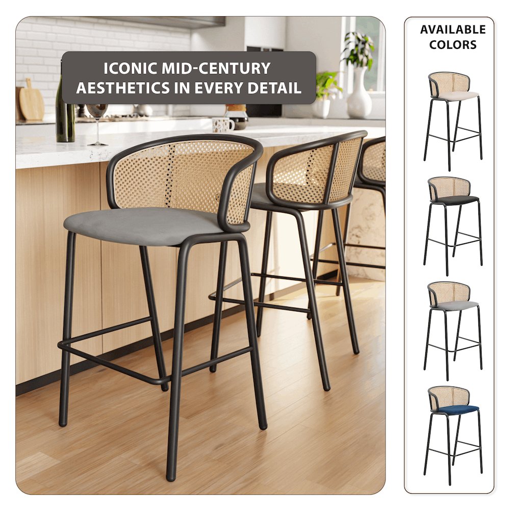 Ervilla Mid-Century Modern Wicker Bar Stool in Grey. Picture 21