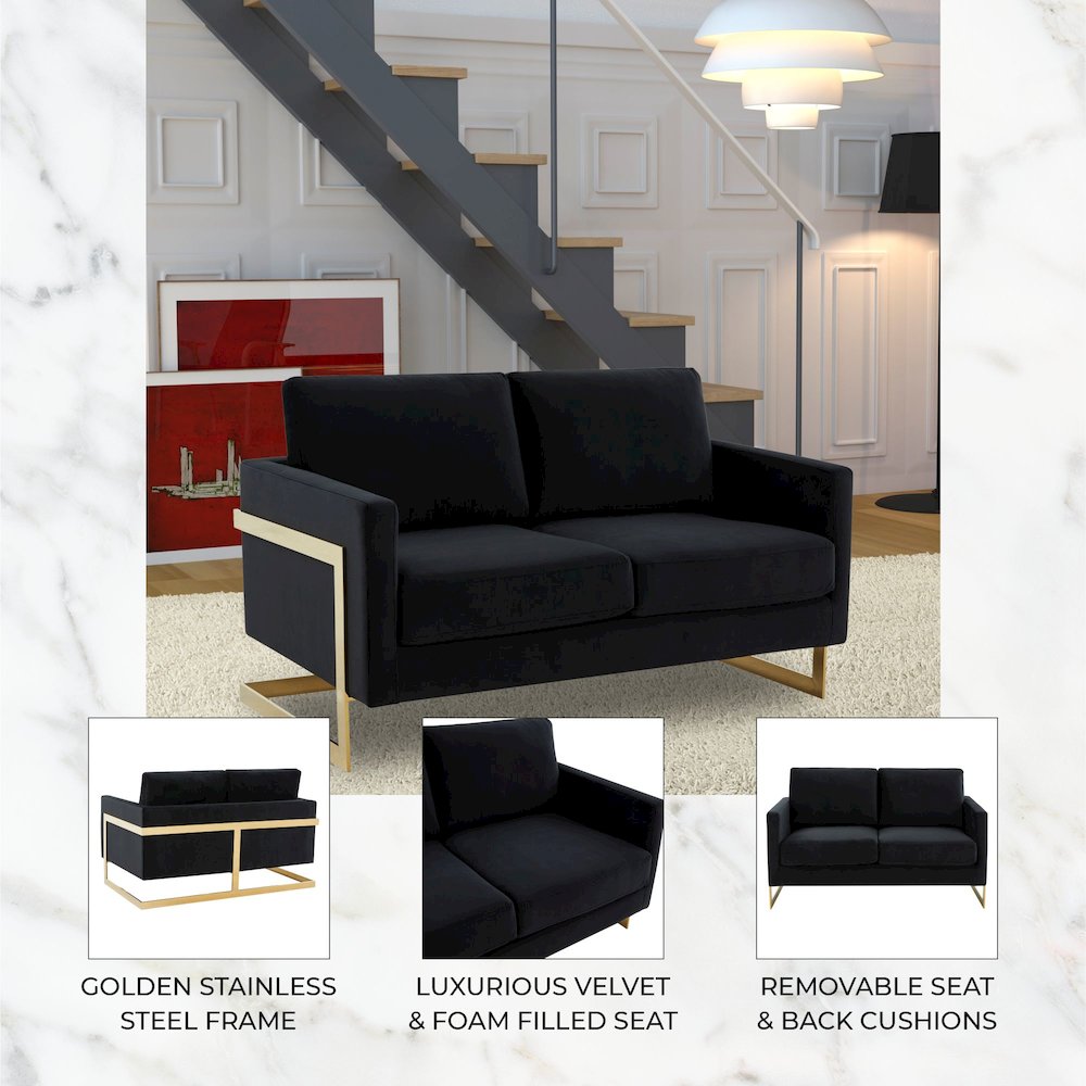 Lincoln Modern Mid-Century Upholstered Velvet Loveseat with Gold Frame. Picture 11
