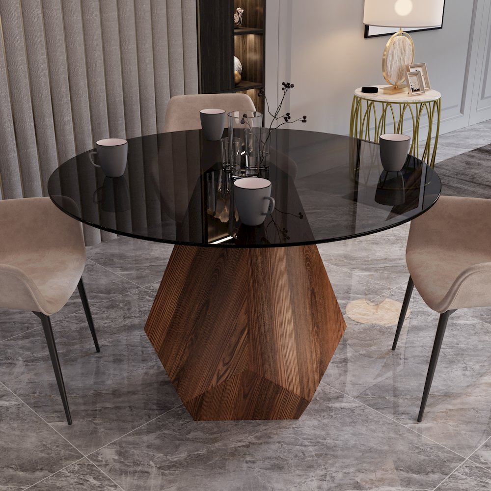 Nebo Modern Dining Table in Walnut Base with BLack Glass Top. Picture 9
