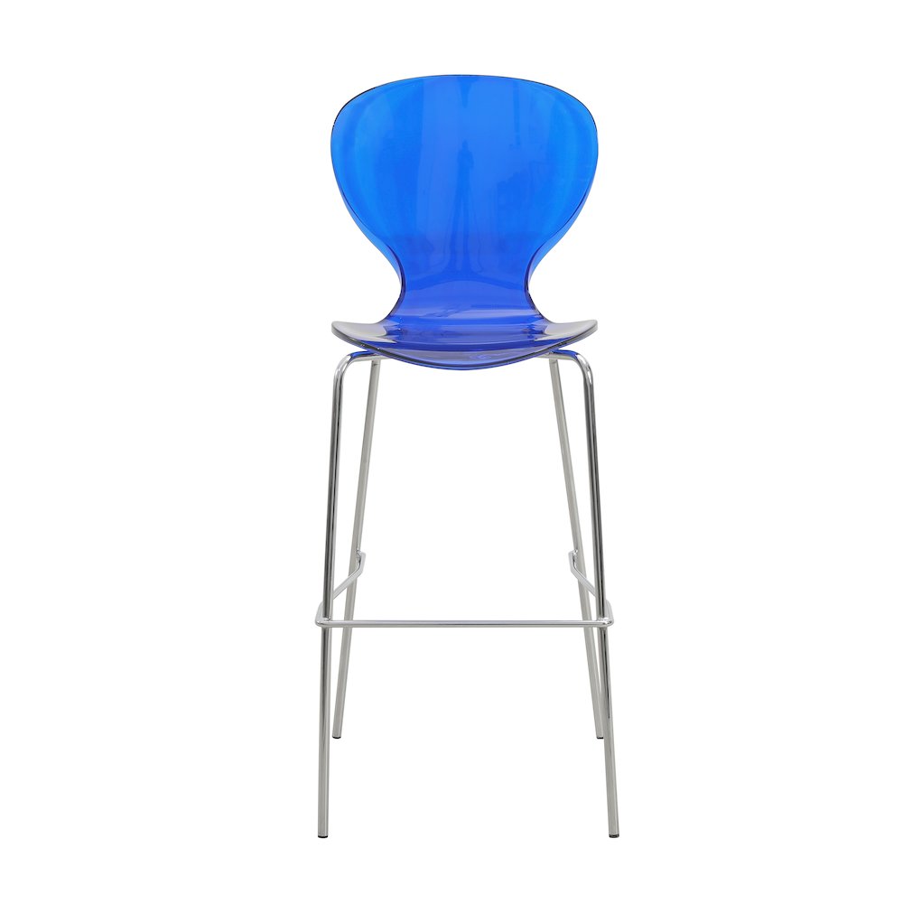 Oyster Acrylic Barstool with Steel Frame in Chrome Finish in Transparent Blue. Picture 4