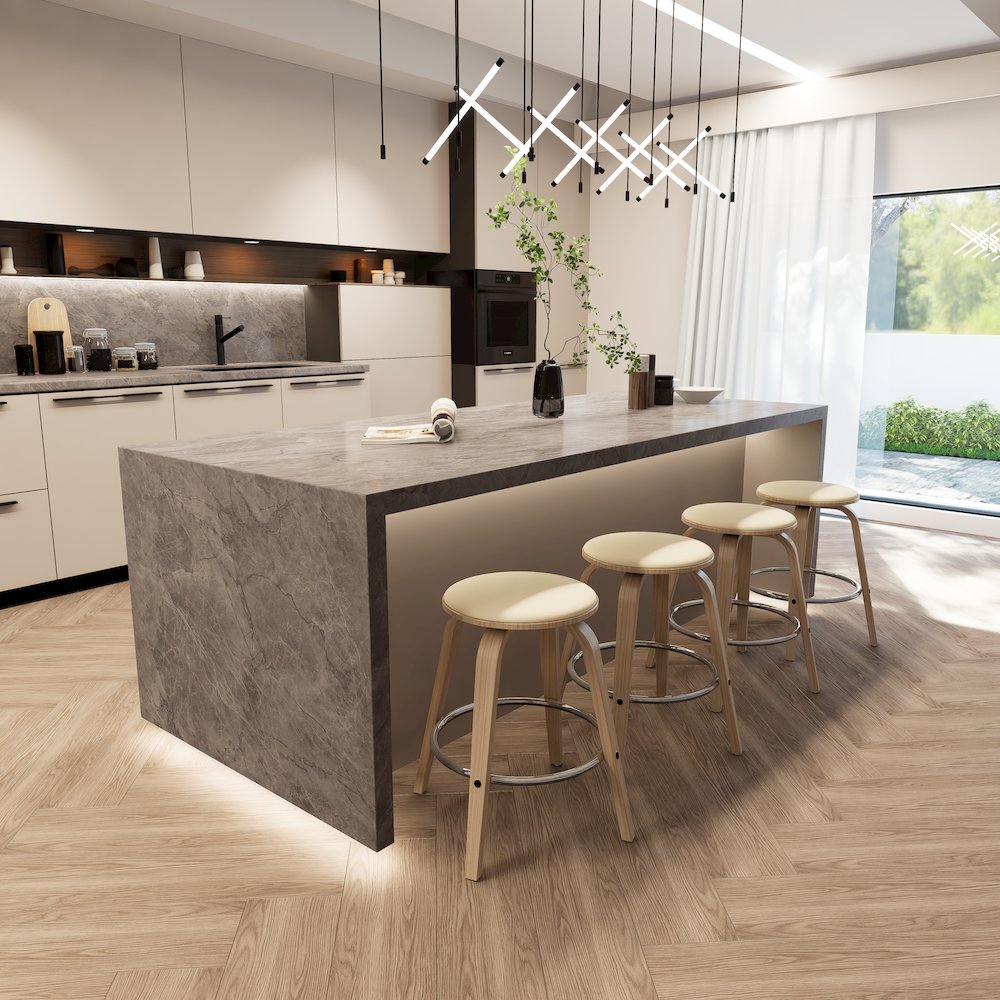 Wooden Counter Stool Pelya Collection Modern Style Washed Walnut color in Taupe. Picture 9