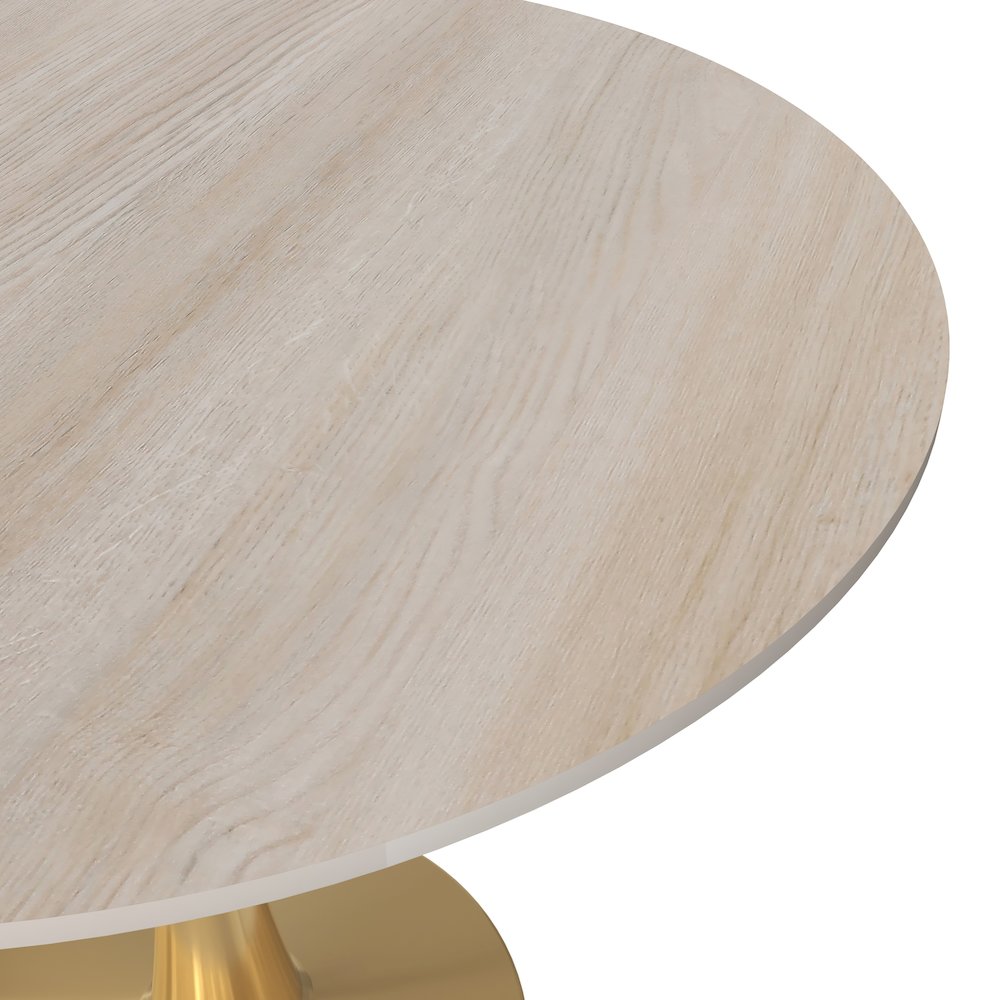 Bristol 35" Round Dining Table Gold Base with Sintered Stone Natural Wood Top. Picture 10