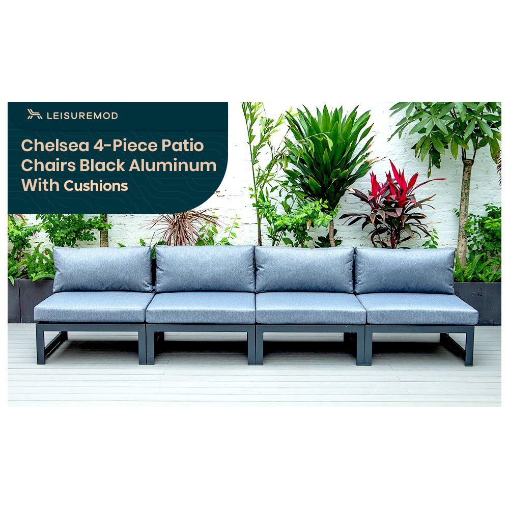 Chelsea 4-Piece Middle Patio Chairs Black Aluminum With Cushions. Picture 1