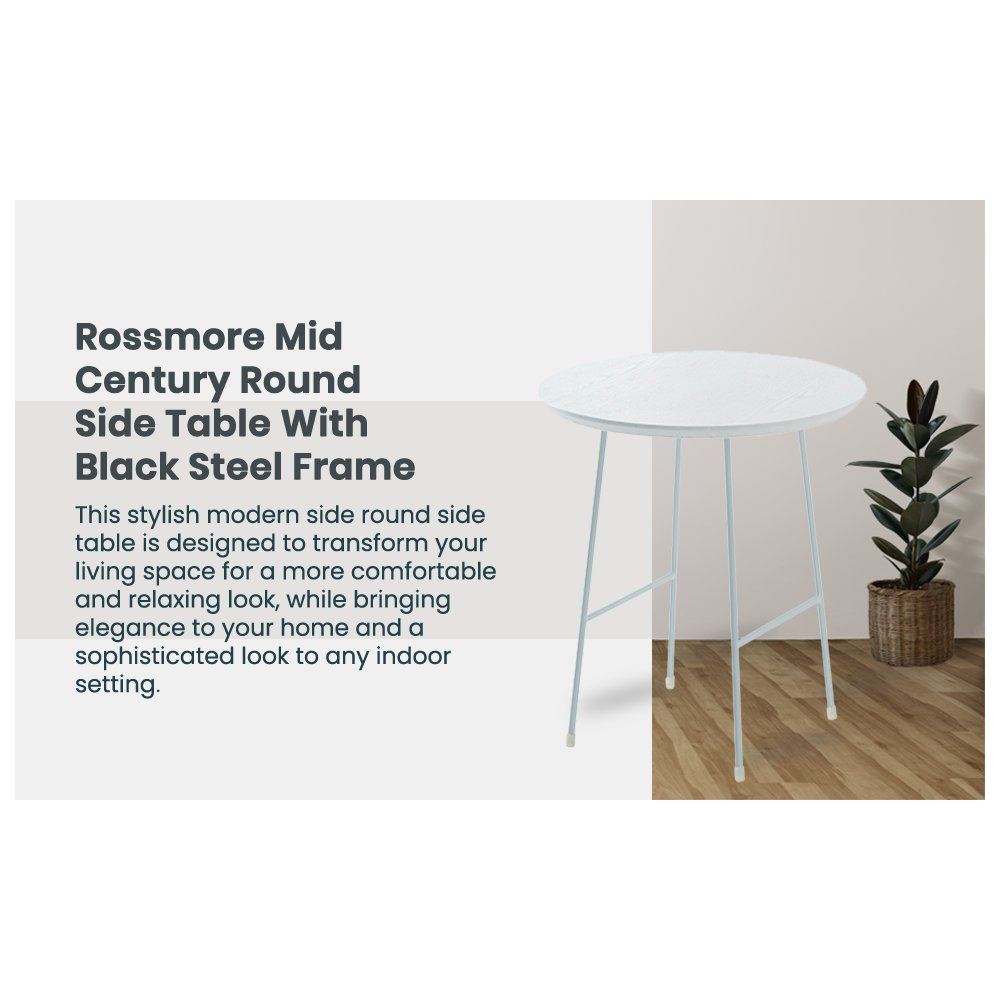 Rossmore Mid Century Modern Round Side Table With White Steel Frame. Picture 1