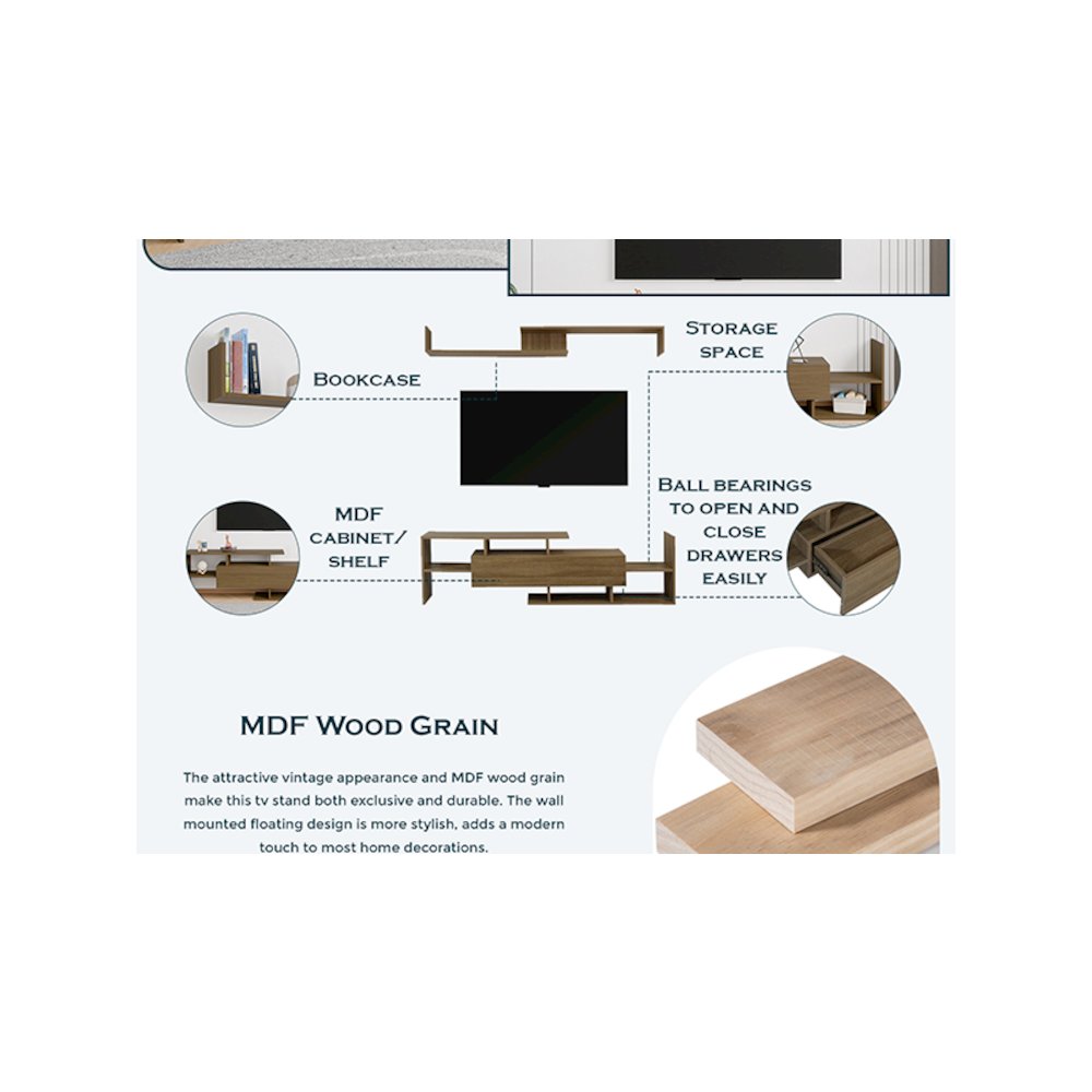 Surrey Modern TV Stand with MDF Shelves and Bookcase in Oak Wood. Picture 25