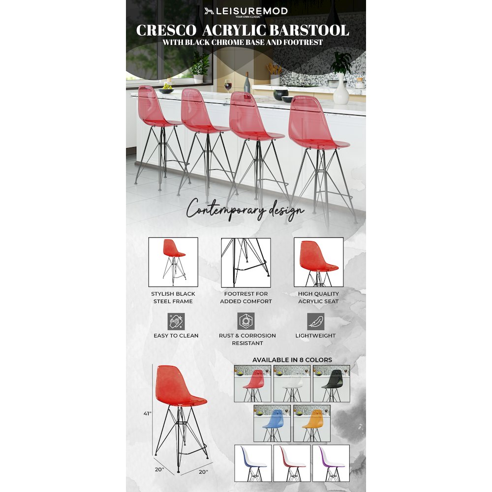 Modern Acrylic Bar stool Cresco Collection Black Base with Trans Red seat. Picture 8