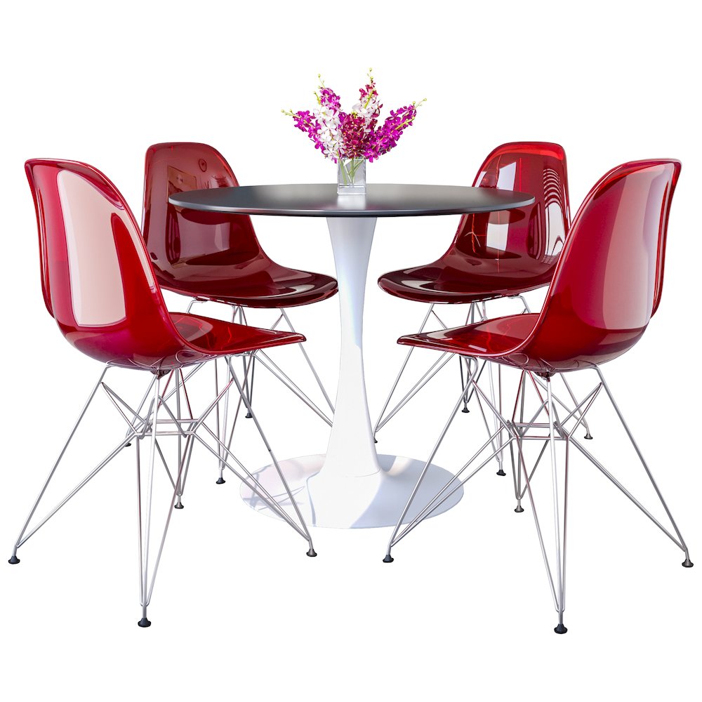 5-Piece Dining Set 35" Round Dining Table in Chrome - Transparent Red. Picture 6