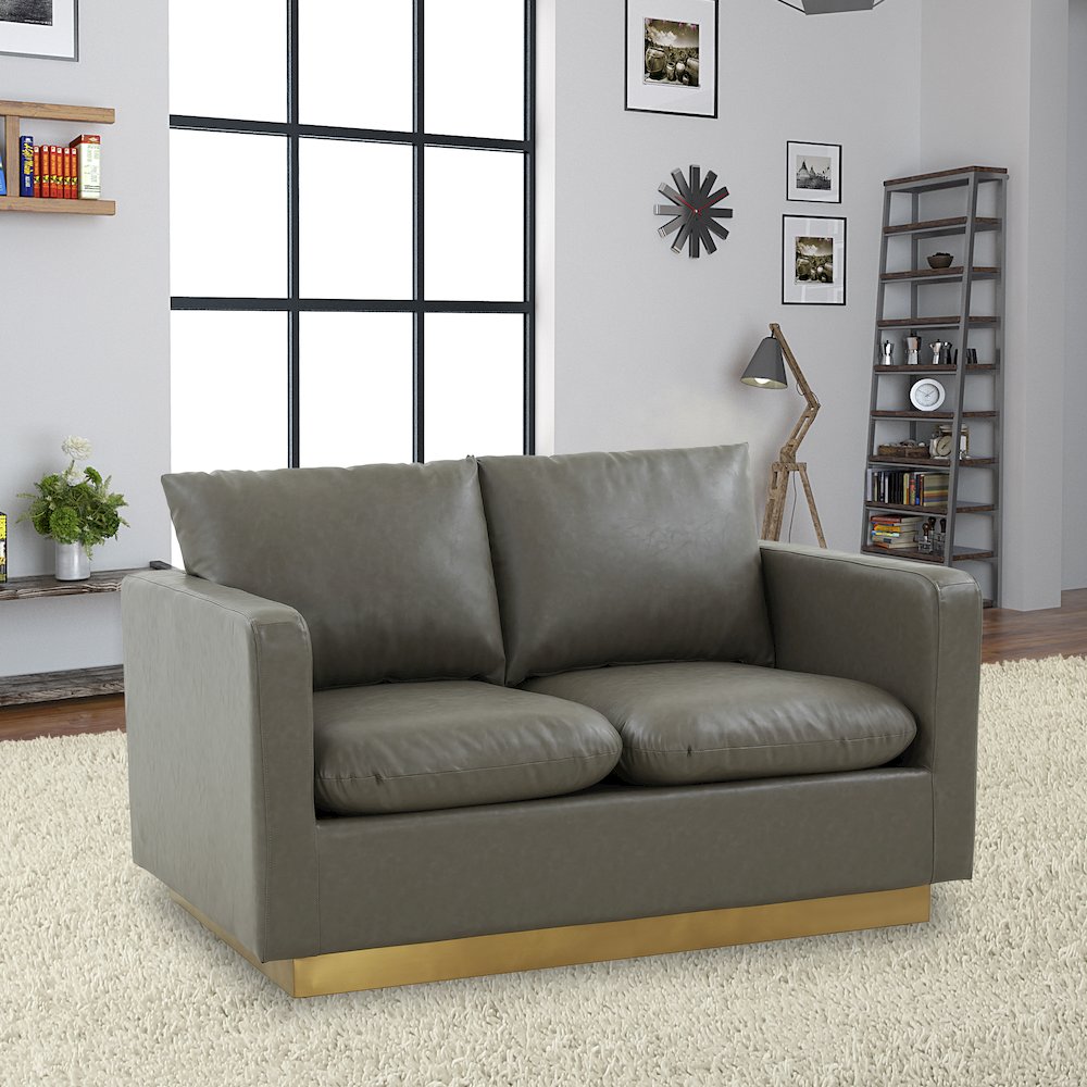 Nervo Modern Mid-Century Upholstered Leather Loveseat with Gold Frame. Picture 3