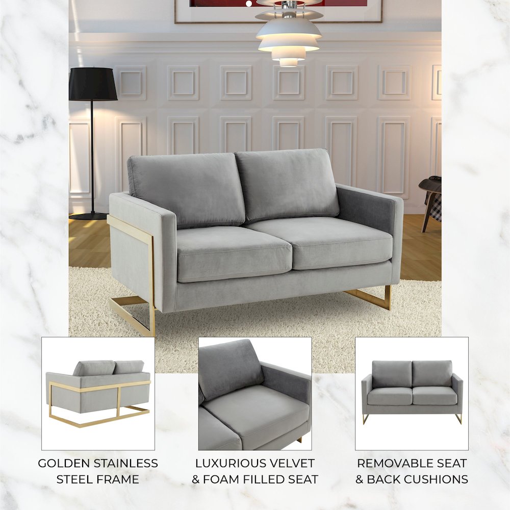 Lincoln Modern Mid-Century Upholstered Velvet Loveseat with Gold Frame. Picture 11