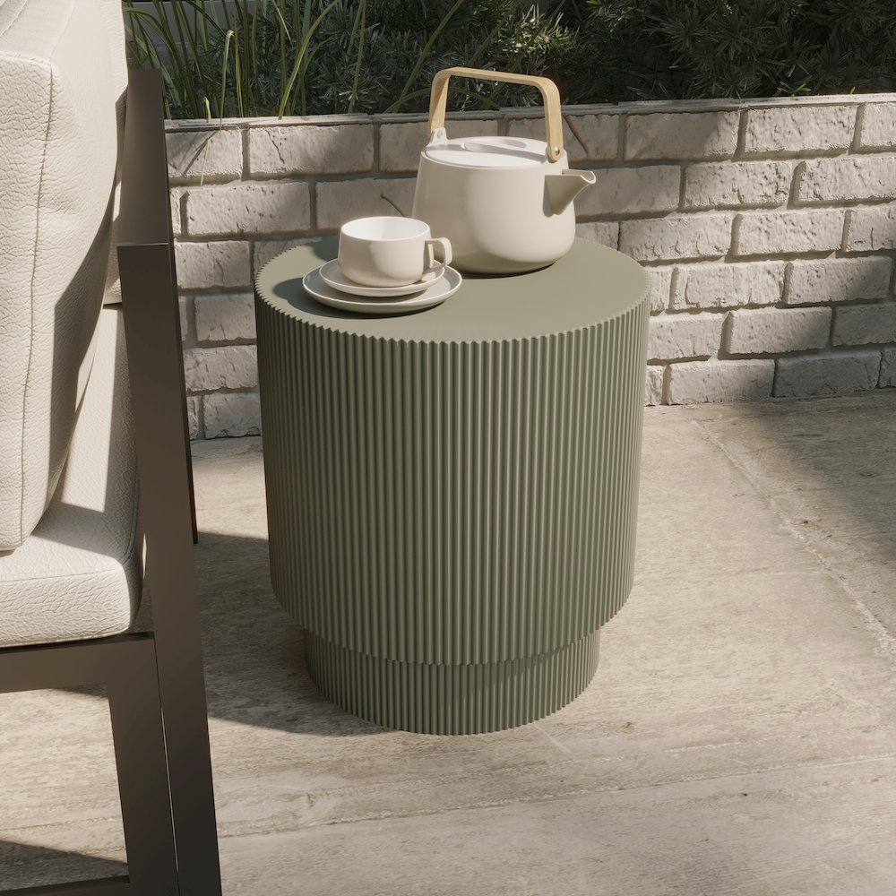 Eden Collection Fiberglass Outdoor Side Table in Olive Green. Picture 6