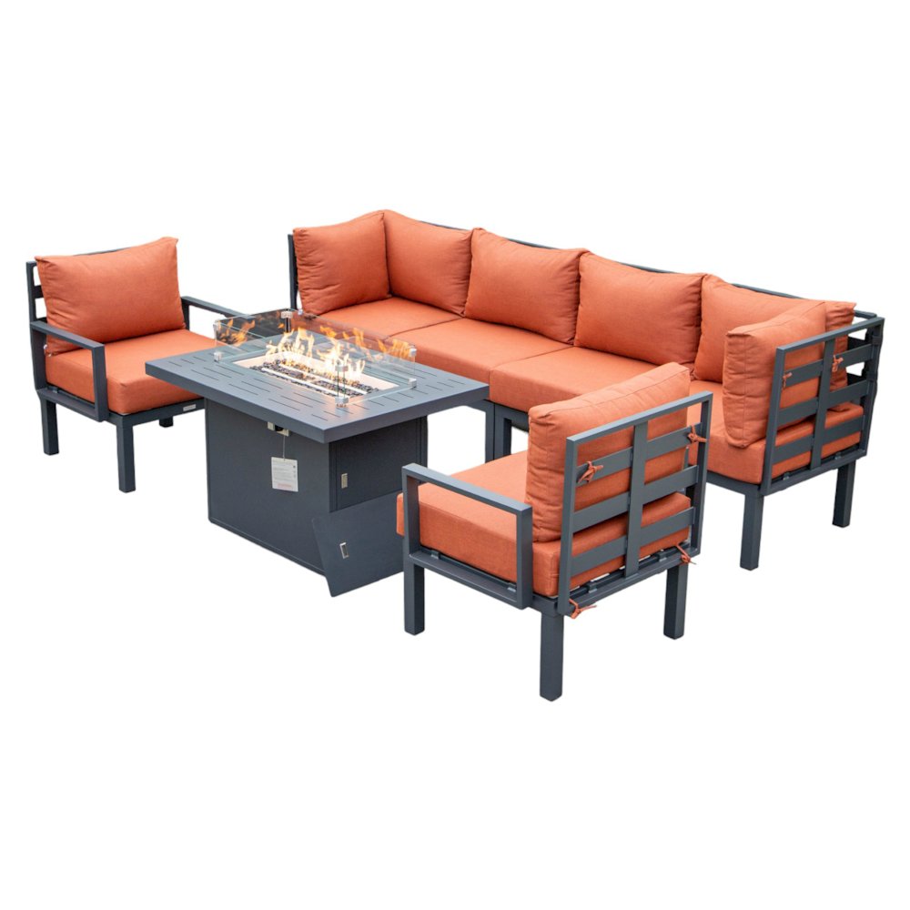 Chelsea 7-Piece Patio Sectional And Fire Pit Table Black Aluminum With Cushions. Picture 35