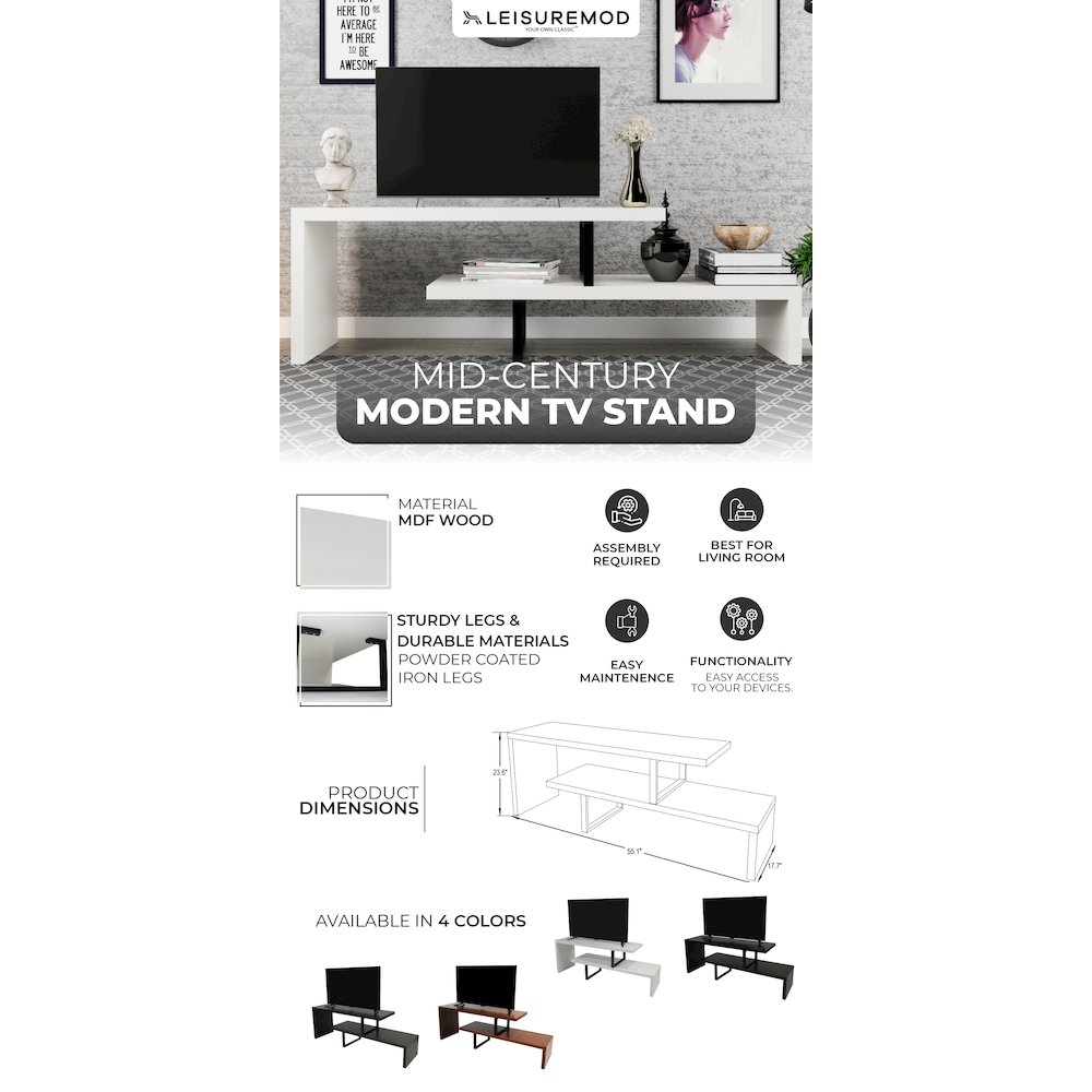 Orford Mid-Century Modern TV Stand in White. Picture 1