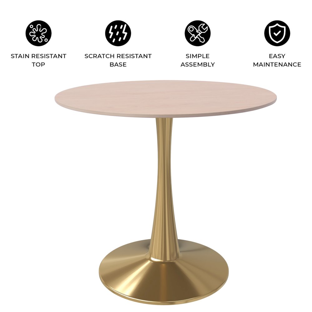 Bristol 27" Round Dining Table Gold Base with Sintered Stone Natural Wood Top. Picture 2