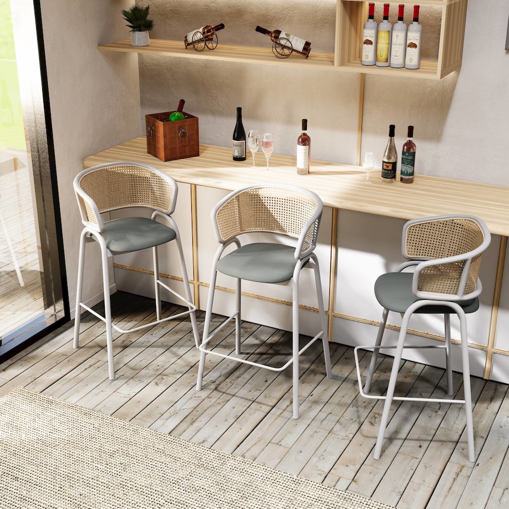 Ervilla Wicker Bar Stool with Fabric Seat and White Steel Frame - Grey leather. Picture 5