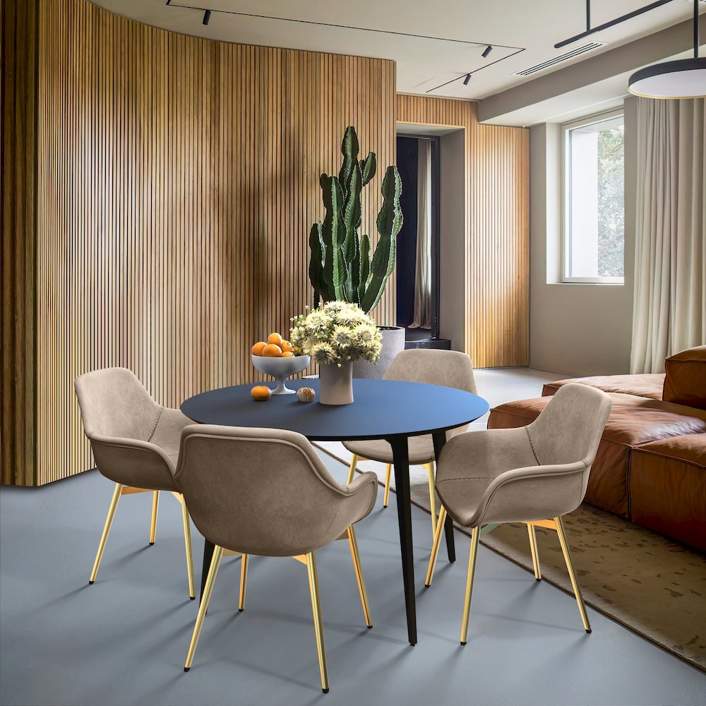 Markley Modern Leather Dining Arm Chair With Gold Legs in Taupe Set of 4. Picture 4