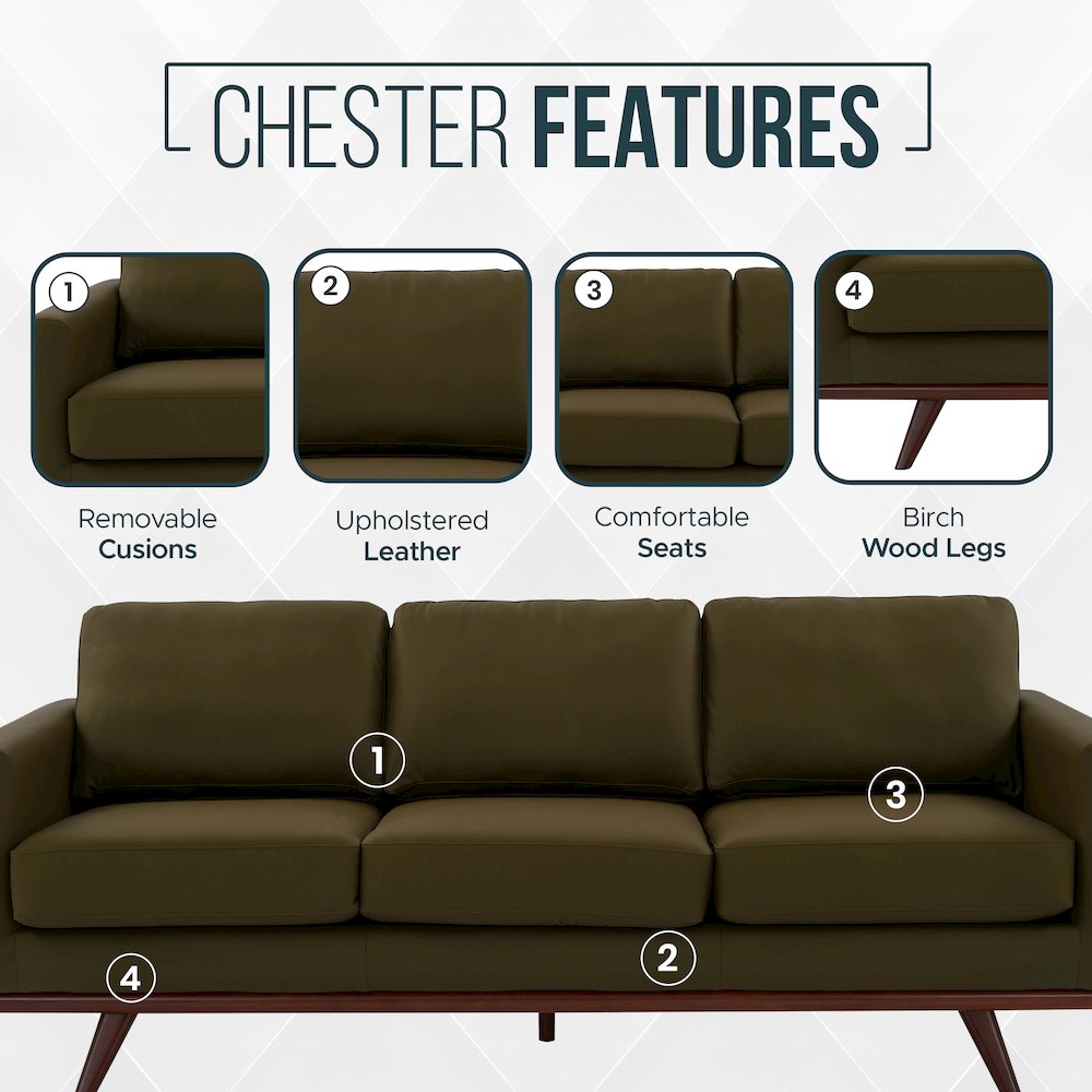 Chester Modern Faux Leather Sofa in Green Leather. Picture 7
