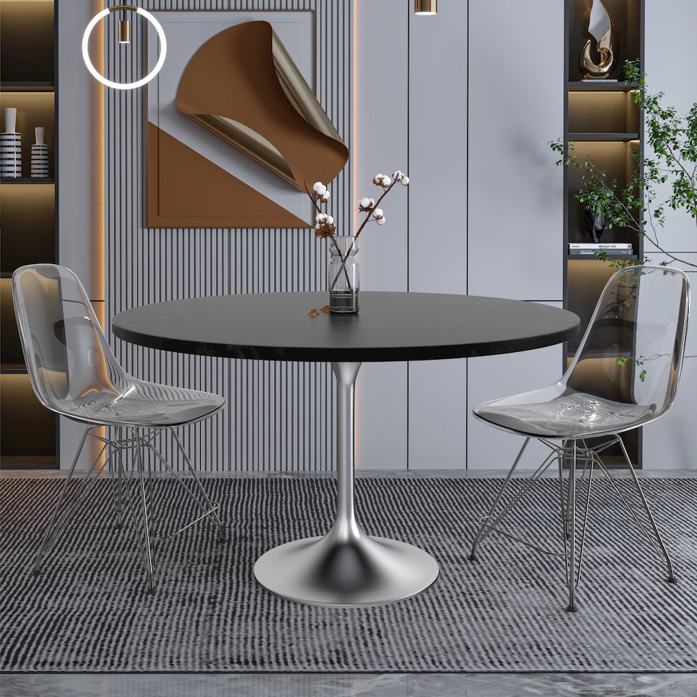Verve Collection 48" Round Dining Table, Brushed Chrome Base with Black MDF Top. Picture 10