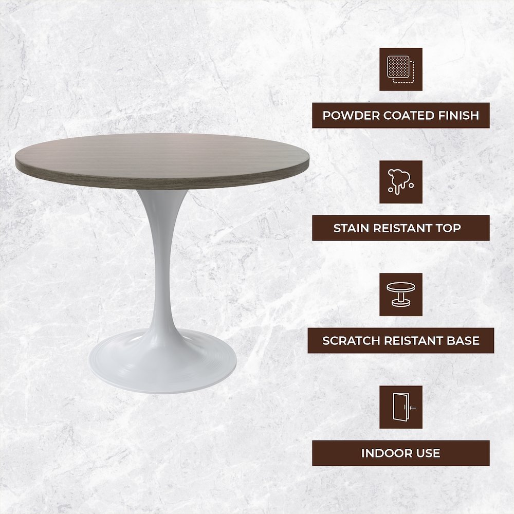 Verve Collection 36 Round Dining Table, White Base with Dark Maple MDF Top. Picture 1
