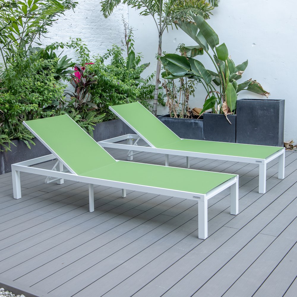 Marlin Patio Chaise Lounge Chair With White Aluminum Frame, Set of 2 in Green. Picture 3