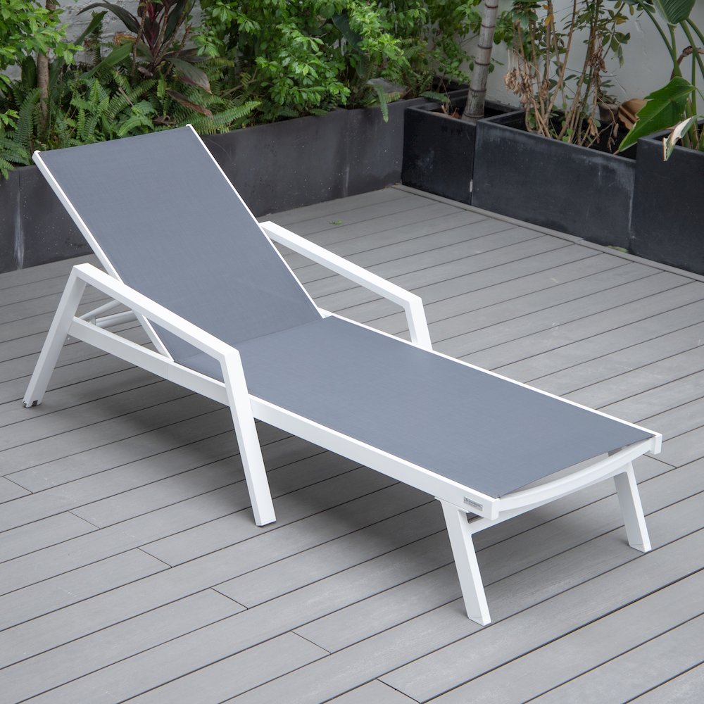 Marlin Patio Chaise Lounge Chair With Armrests in White Aluminum Frame. Picture 8