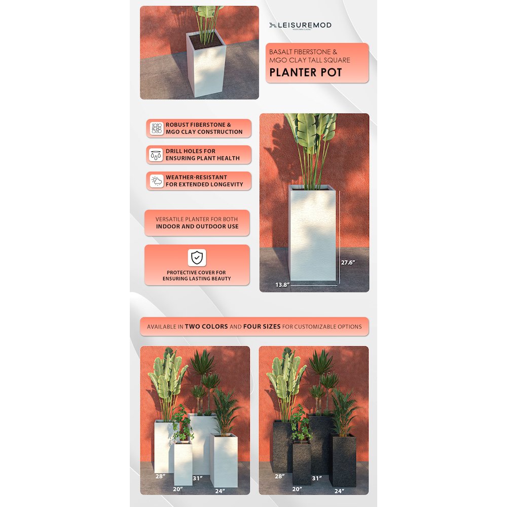 Basalt Series Poly Stone Planter 13.8" Square 27.6" High in White. Picture 12