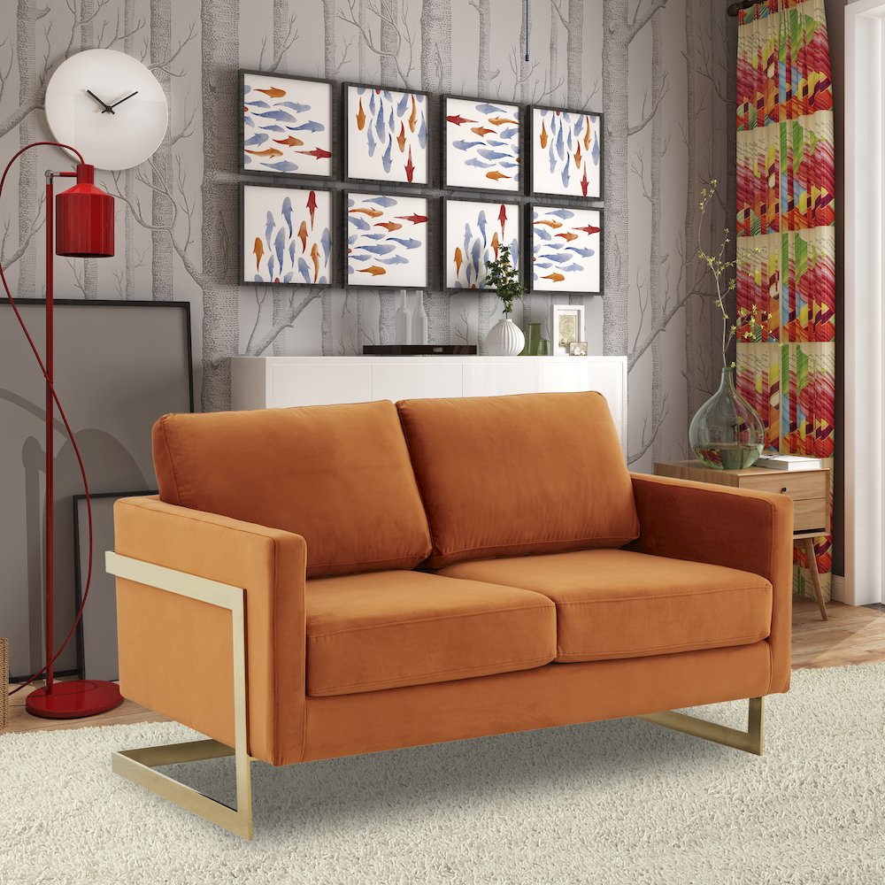 Lincoln Modern Mid-Century Upholstered Velvet Loveseat with Gold Frame. Picture 4