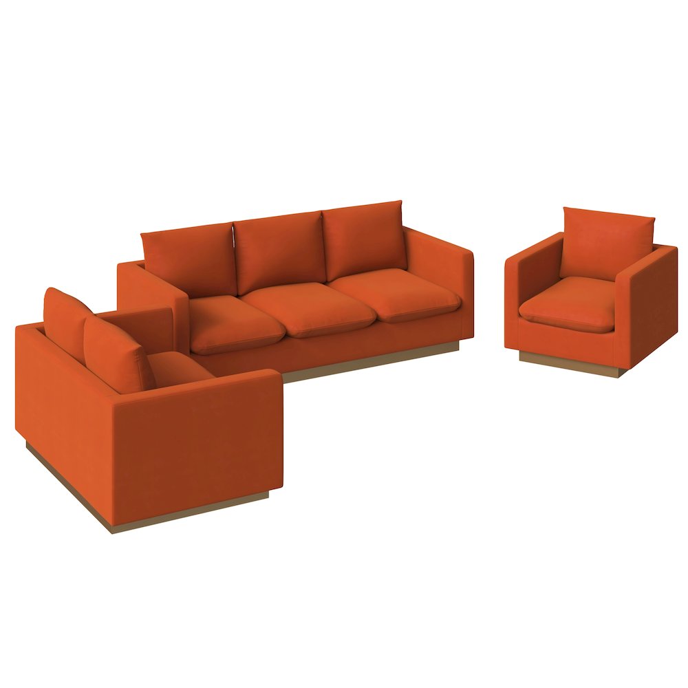 Nervo Velvet 3-Piece Living Room Sofa Set With Gold Frame Orange Marmalade. Picture 1