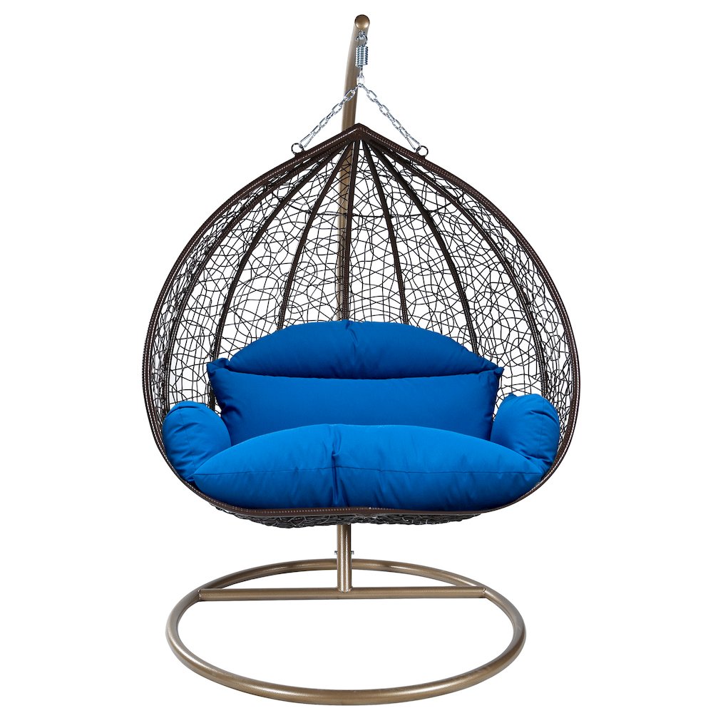Recluse Collection Modern Outdoor Swing Chair Brown Frame with Blue Cushion. Picture 1