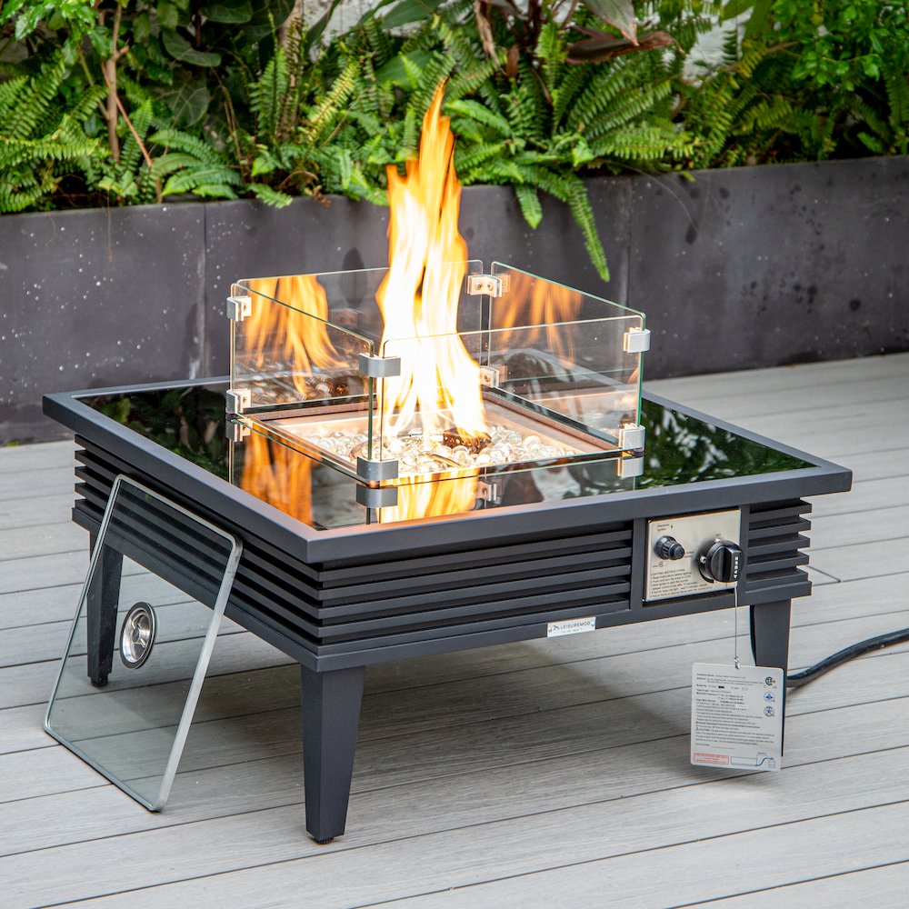 Walbrooke Patio Square Fire Pit and Tank Holder with Slats Design in Black. Picture 5