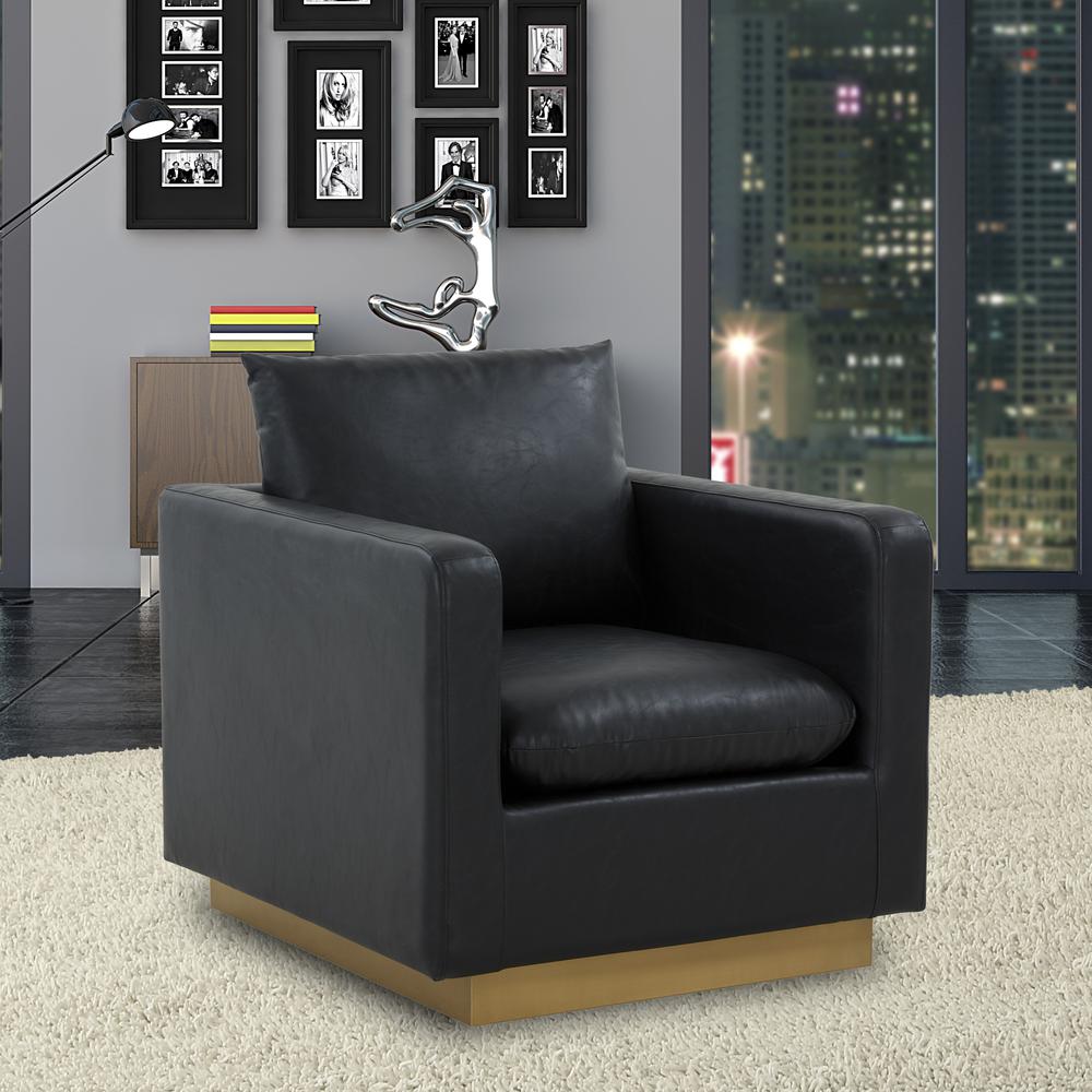 LeisureMod Nervo Leather Accent Armchair With Gold Frame, Black. Picture 2