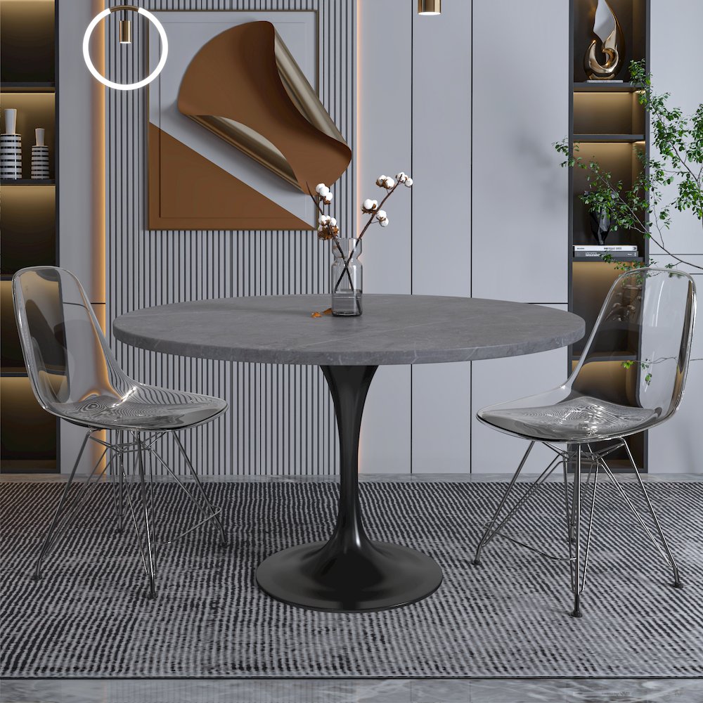 Verve Collection 48 Round Dining Table, Black Base with Sintered Stone Grey Top. Picture 7