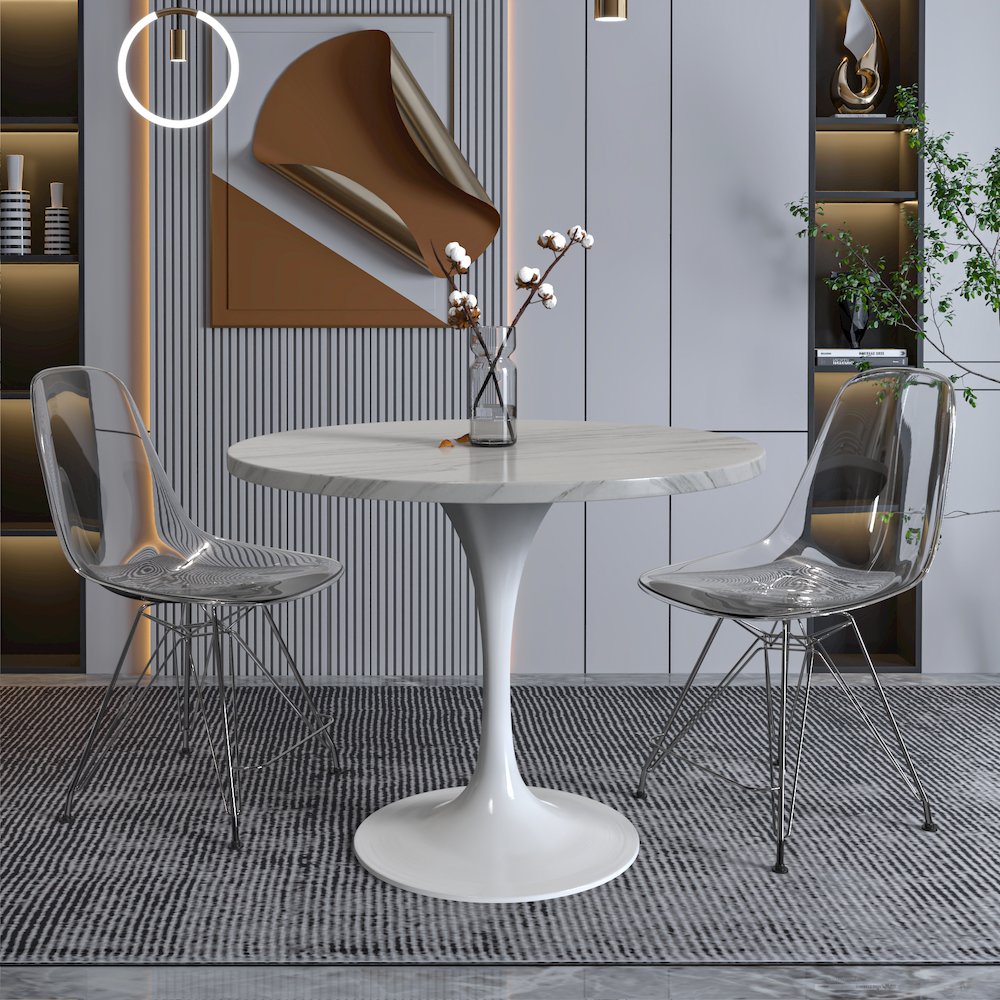 Verve Collection 36 Round Dining Table, White Base with Sintered Stone White Top. Picture 7