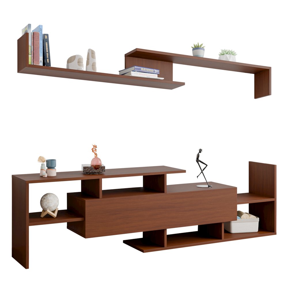 Surrey Modern TV Stand with MDF Shelves and Bookcase in Walnut. Picture 21