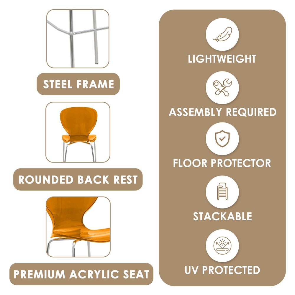 Oyster Acrylic Barstool with Steel Frame in Chrome Finish in Transparent Orange. Picture 3