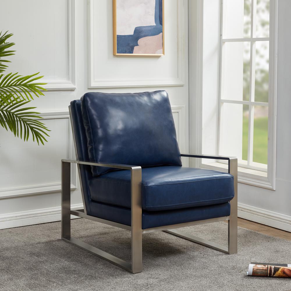 LeisureMod Jefferson Leather Modern Design Accent Armchair With Elegant Silver Frame, Navy Blue. Picture 6