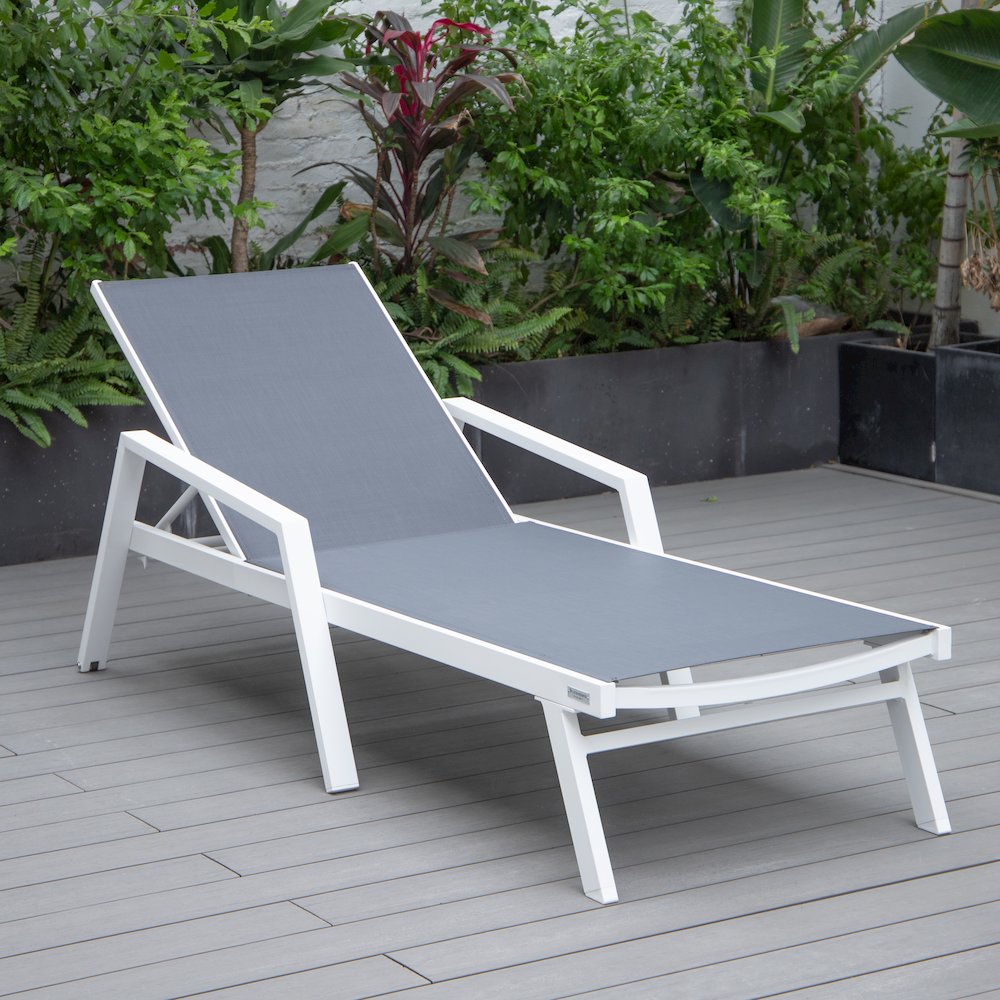 Marlin Patio Chaise Lounge Chair With Armrests in White Aluminum Frame. Picture 7