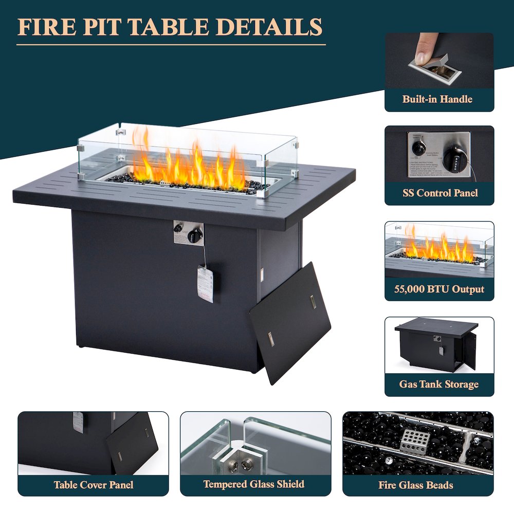 Chelsea 7-Piece Patio Sectional And Fire Pit Table Black Aluminum With Cushions. Picture 39