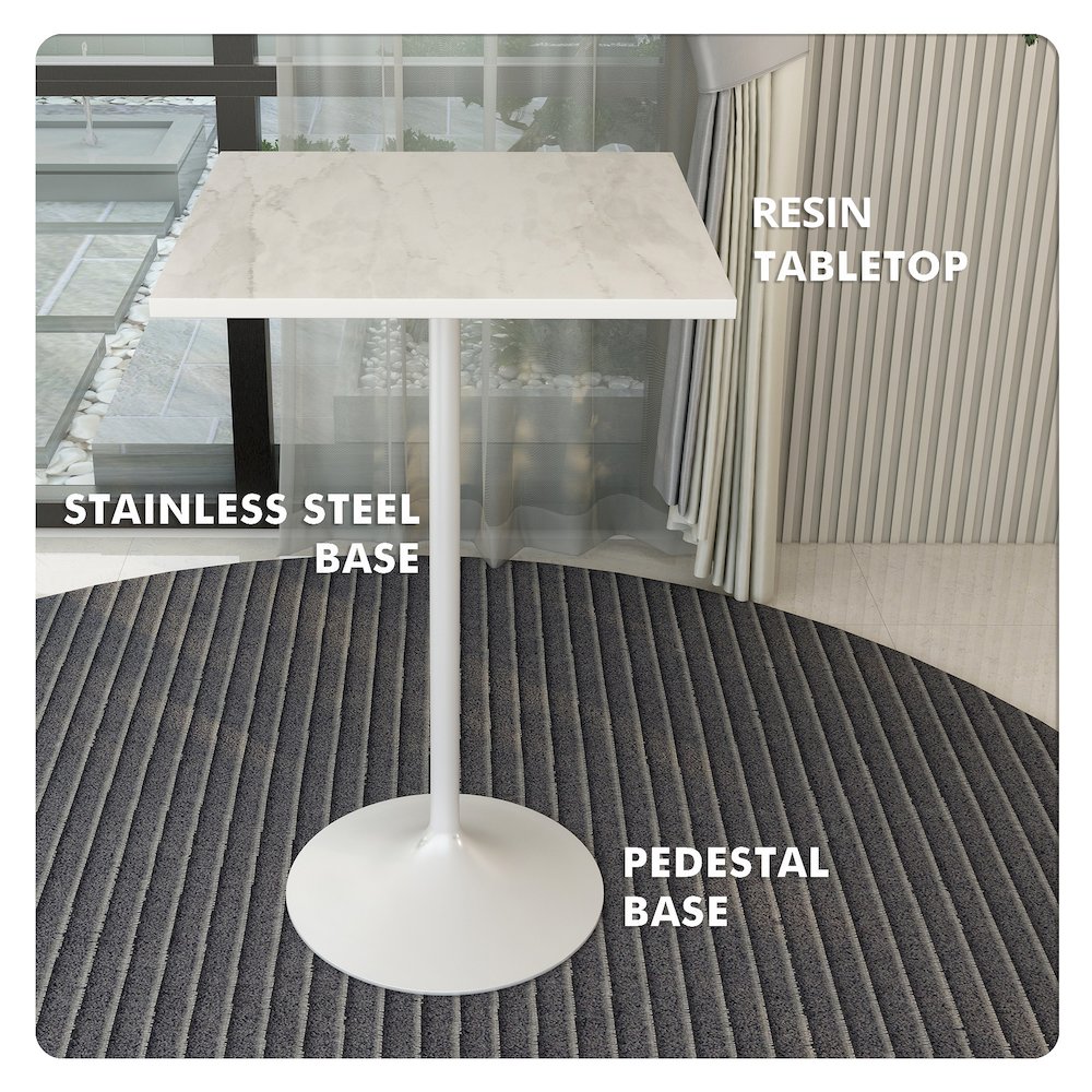 Modern Bar Height Table White Base 27" Square Marbleized White Laminated  Top. Picture 2